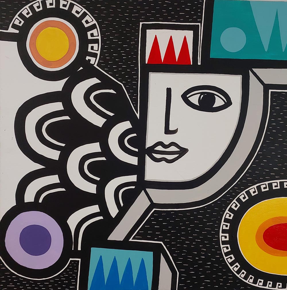 abstract painting , using colours white, red. yellow and blue